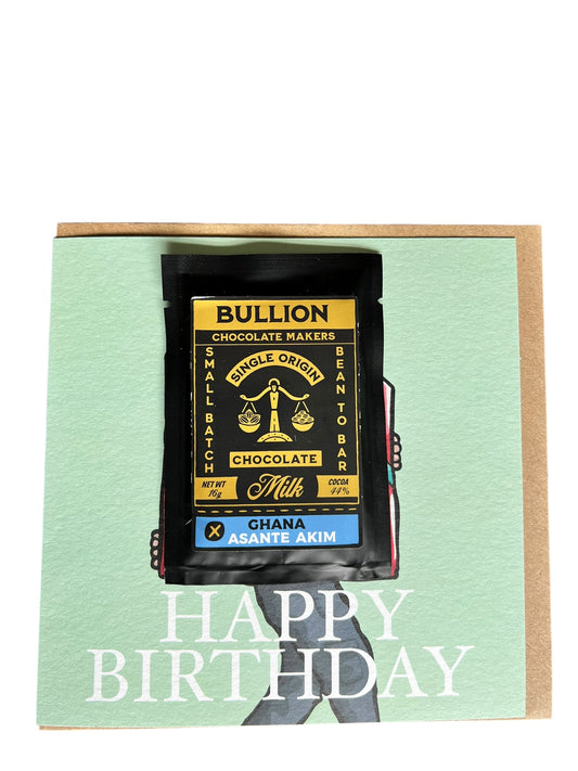 Happy Birthday Present - Greetings Card - Includes Bullion Chocolate - LukeHorton Art