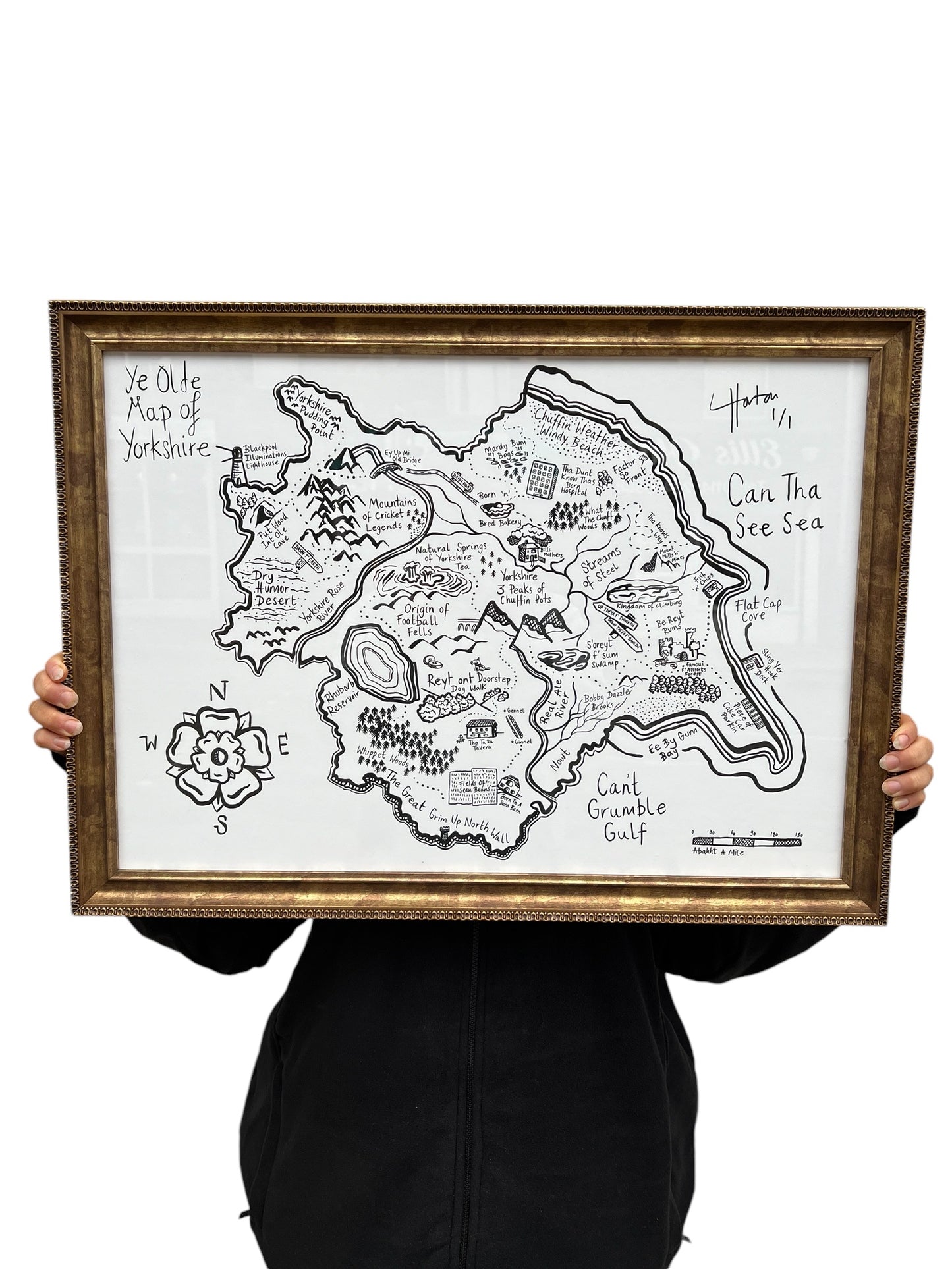 1 of 1 Signed & Framed - Ye Olde Map of Yorkshire - Luke Horton